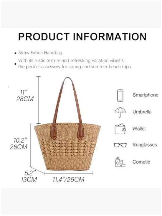 Large Straw Shoulder Bag Woven Tote Travel Handbag Purse - Picture 6 of 7